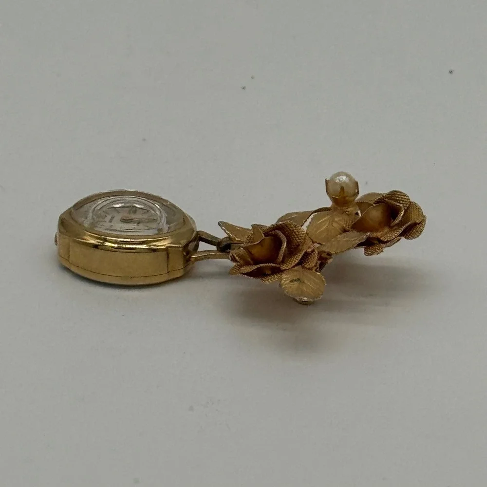 Vintage 60s Golden Shield Swiss Made Mechanical Rose Lapel Watch Brooch Pin